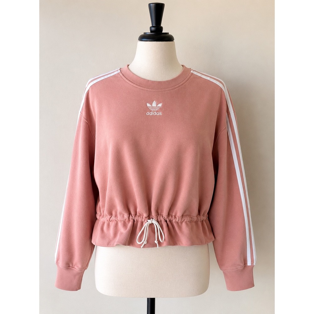 Adidas Originals Women Pink Cropped Drawstring Sweatshirt Trefoil 3 Stripe Small
